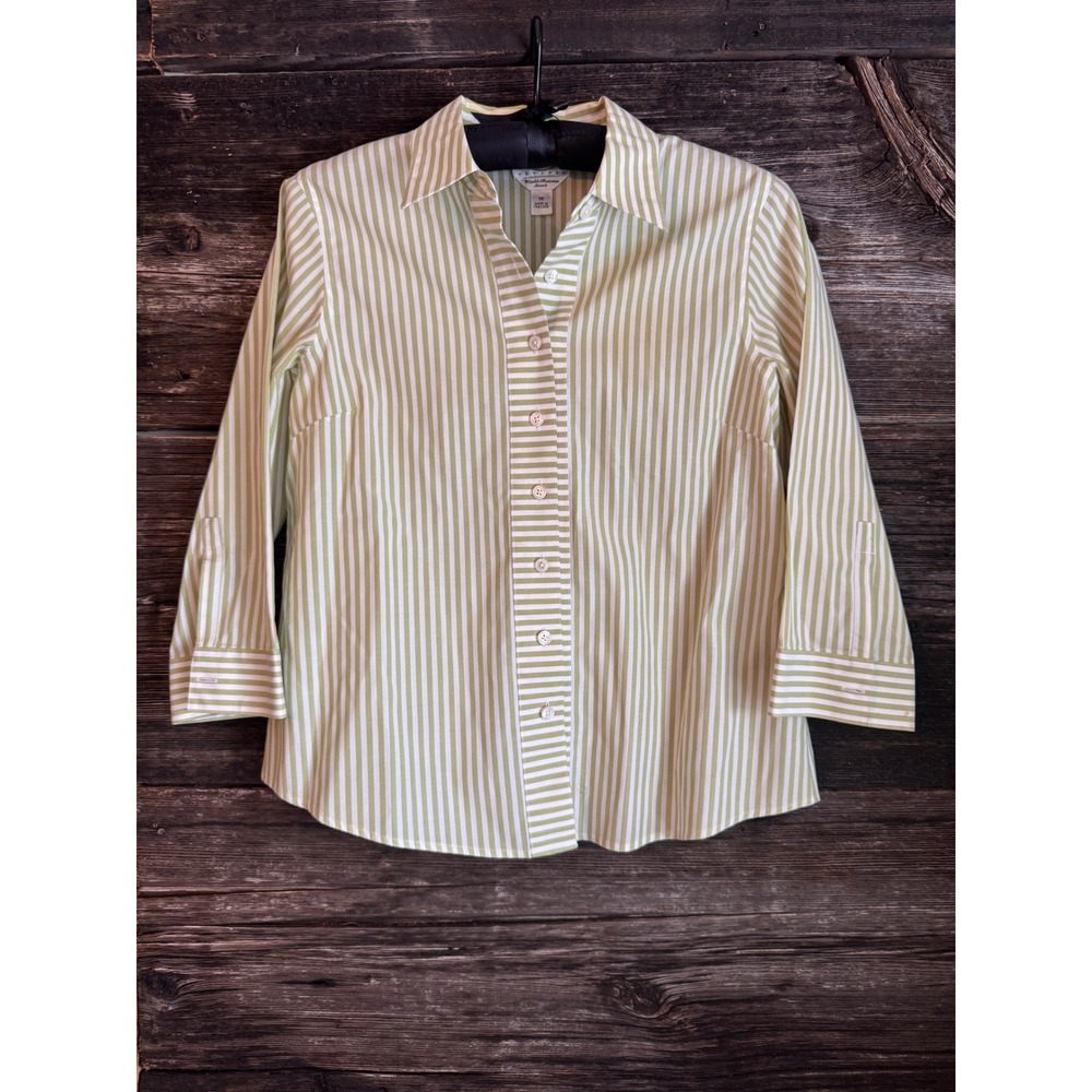 Y2K Talbots Petites Light Green Stripe Wrinkle Resistant Shirt 10